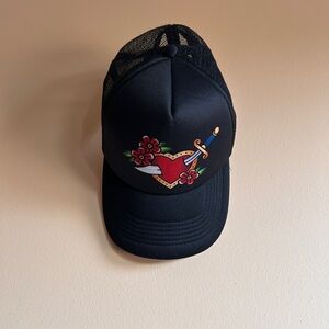 Black Trucker Hat with Heart and Sword Design